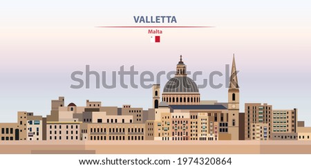 Valletta cityscape on sunset sky background vector illustration with country and city name and with flag of Malta Royalty-Free Stock Photo #1974320864