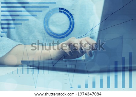 finance virtual diagram icon and business woman trade manager analysing stock market indicators, digital virtual graphs for strategy economic trends