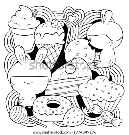 Fantasy black doodle anti-stress coloring book on white background. Cute characters in kawaii style and tasty food. Vector illustration.