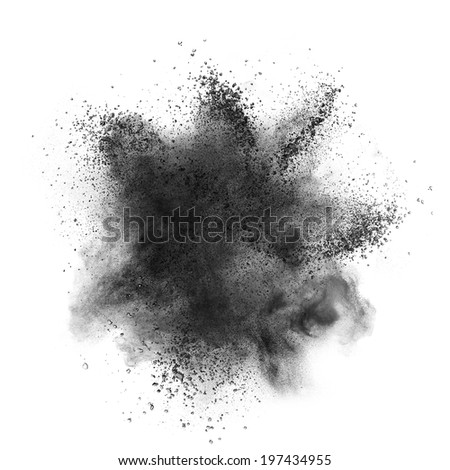 Black powder explosion isolated on white background Royalty-Free Stock Photo #197434955