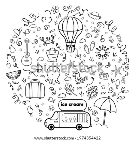 Bundle Set Summer Travel. Cartoon illustration with item: balloon, ice cream van, suitcase, parrot, shitara, octopus and etc. Coloring Page or Book for Kids and Adults