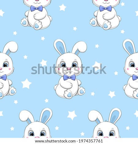 Seamless pattern with cute cartoon rabbit in a bow tie. Vector illustration of animals on a blue background with stars.