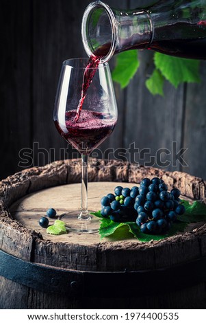 Pouring red wine from carafe into a glass and dark grapes. Wine industry. Royalty-Free Stock Photo #1974400535