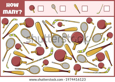Educational mathematical game. Count the number of sport equipment. Count how many 
sport equipment. Counting game for children.
