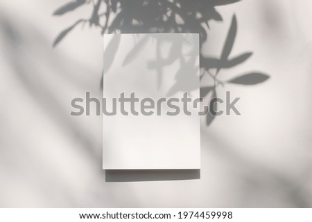 Summer stationery mock-up scene. Blank vertical  greeting card with olive tree leaf and branches shadow overlay. Baige table background in sunlight. Flat lay, top view. Modern Mediterranean design.