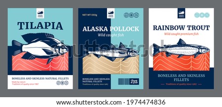 Flat style fish packaging design, Vector.  Rainbow trout, Alaska pollock and tilapia fish illustrations