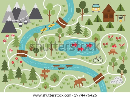 Camping map. Summer camp background. Vector nature clip art or infographic elements with mountains, trees, forest, moose, river, bike, cable car. Hiking, trekking or campfire plan. 
