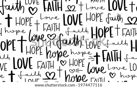 Hope faith love hand lettering texts religious concept seamless pattern texture background design for fashion graphics, textile prints, decors, wallpapers etc Royalty-Free Stock Photo #1974477116