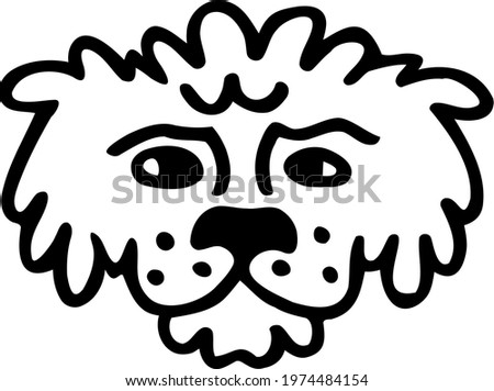 Small dog head of breed Bichon Frise with curly coat. Hand drawn character for kids. Cute fluffy maltese lapdog. Doodle canine muzzle. Cartoon pet icon. Black vector clipart animal. Baby design.