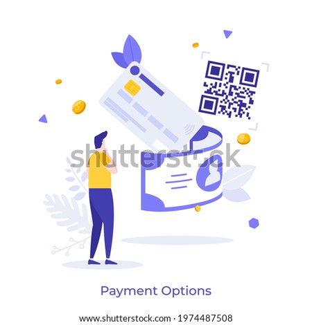 Guy looking at banknotes, coins, bank cards and QR code. Concept of choosing between payment options, paying by cash or via online banking. Modern flat colorful vector illustration for banner, poster.