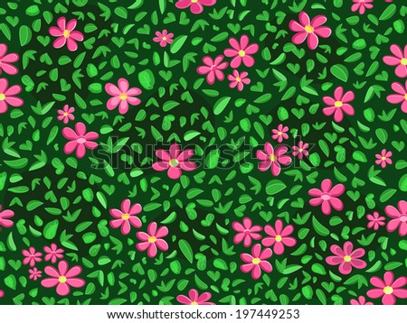 Pink flower and green leaf at seamless pattern background on dark blue backdrop