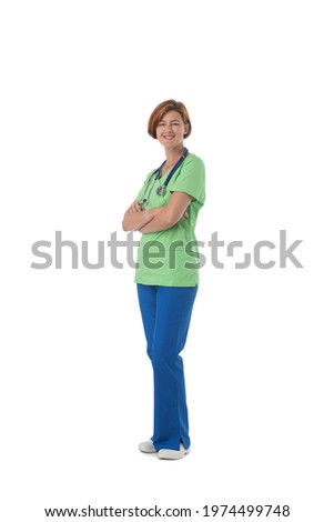 Smiling young woman health care worker standing with arms crossed isolated over white background