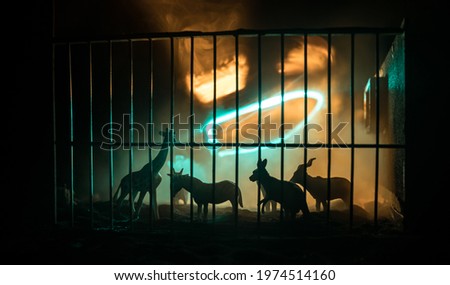 A group of animals inside a cage miniature. Wild animals in the zoo concept. Burning colorful background. Selective focus.