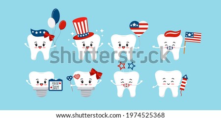 4 th of July teeth dental icon set isolated. Dentist cute tooth implant, in braces, crown character with waving american flag, ballons, glasses. Flat cartoon vector independence clip art illustration.