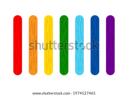 Rainbow color popsicle stick for game or ice cream set. Stick for kids activity, color matching, math game, holding ice cream lollipop with wooden texture. Flat cartoon vector clip art illustration.