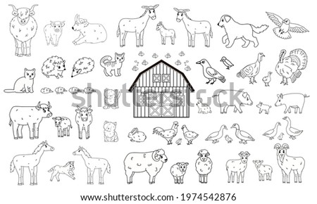 Set of outline cartoon farm animals. Vector collection of wooden barn, donkey goose cow bull pig hog chicken hen rooster goat sheep duck horse turkey cat dog hedgehog rabbit bunny birds