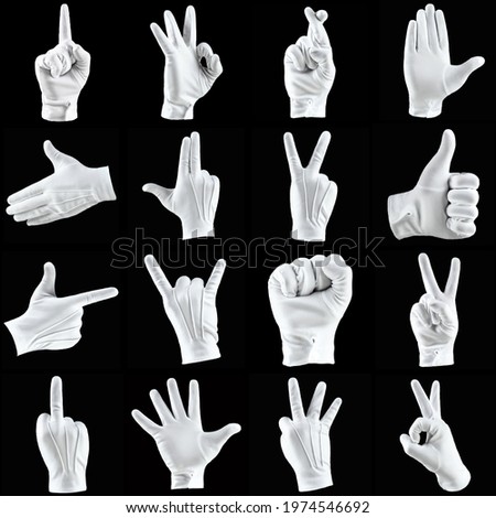 A set of images of a human hand, a hand in a white glove isolated on a black background, shows different figures, gestures with fingers. Human hand gesture concept
