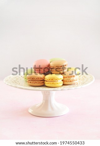 Delicate meringue macarons in pastel colors on dainty cake stand in vertical format with copy space Royalty-Free Stock Photo #1974550433
