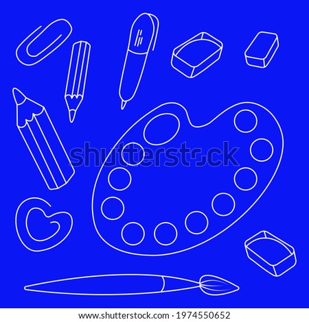 Set of cartoon vector white line art stationery supplies on blue background  for school and creative hobbies.