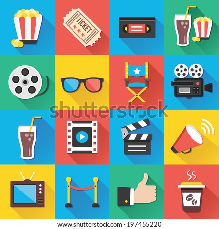 Colorful modern vector flat icons set with long shadow. Quality design illustrations, elements and concepts for web and mobile apps. Cinema icons, entertainment icons, movie production icons etc. Royalty-Free Stock Photo #197455220