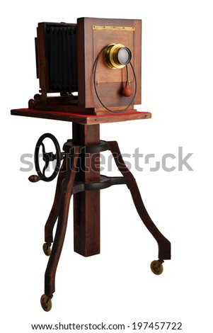 vintage wood 8 x10 camera on white with clipping path