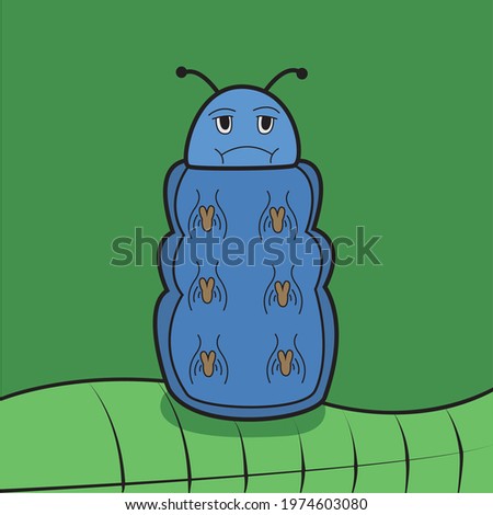 Vector Of Blue Sad Caterpillar and Green Leaf Background. Perfect For Color Learning, background, presentation, Knowledge, Education, advertisement product and mock up.