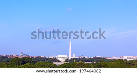Panorama of Washington DC in summer. Lincoln Memorial, Monument and United States Capitol building.