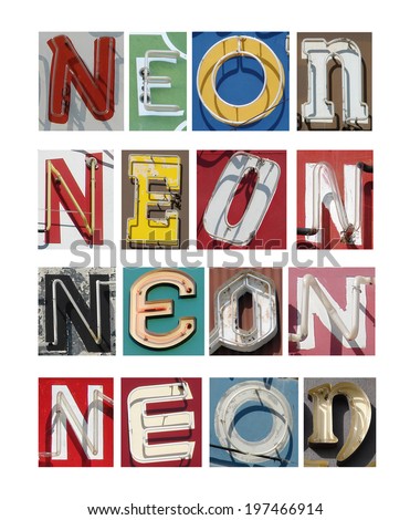collection of aged and worn vintage neon letters spelling word neon