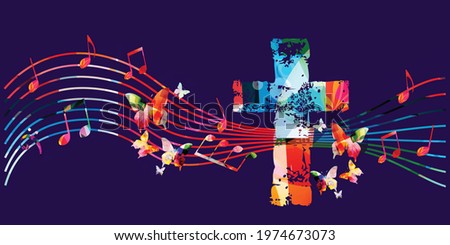 Colorful Christian cross with musical notes vector illustration. Religion themed background. Design for gospel church music, choir singing, concert, festival, Christianity, prayer Royalty-Free Stock Photo #1974673073