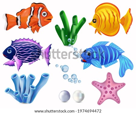 Underwater world, Tropical fish. Clownfish, Addis butterfish, starfish, seaweed. Cartoon character. Vector illustration.