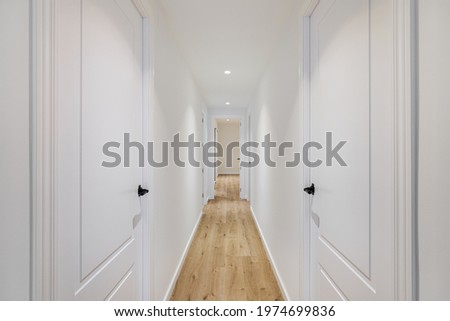 Interior of long narrow hallway with closed doors, wooden floor and white walls in apartment designed in minimal style. Royalty-Free Stock Photo #1974699836