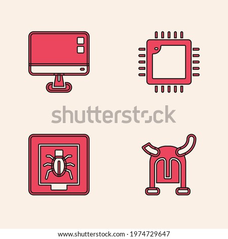 Set Viking in horned helmet, Computer monitor screen, Processor with CPU and Insects a frame icon. Vector