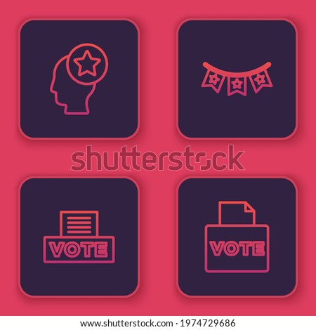 Set line USA Head, Vote box, Carnival garland with flags and . Blue square button. Vector