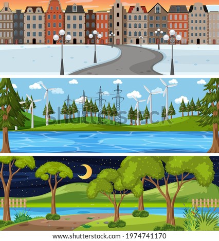Set of three different nature horizontal scenes illustration