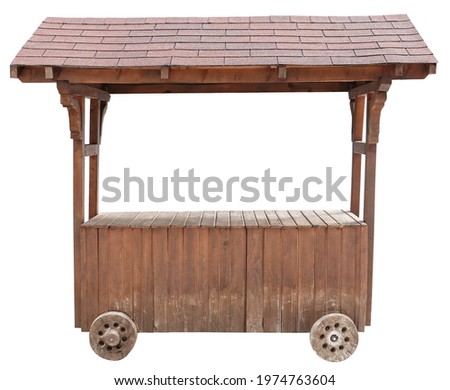 Wooden market stand stall on wheels vintage used selling object isolated on white background Royalty-Free Stock Photo #1974763604