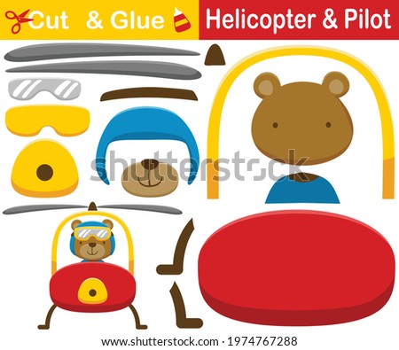 Funny bear on helicopter. Education paper game for children. Cutout and gluing. Vector cartoon illustration