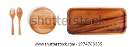 Wooden kitchen utensils, Tray, Plate, Spoon, and Fork, Isolated on white background.