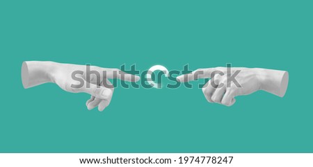 Digital collage modern art. Hand reaching out, pointing finger together Royalty-Free Stock Photo #1974778247