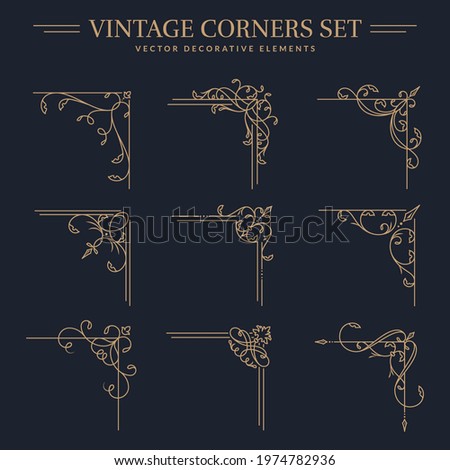 Vintage golden corners with different shapes. Set of isolated decorative angle borders. Flourish vector designs for greeting card, book page, restaurant menu, certificate, wedding invitation etc.