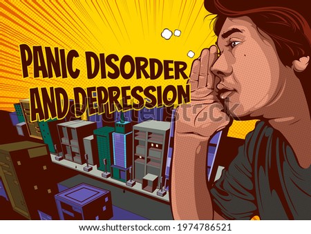 Man whisper or yelling or Gossip, speech bubbles About Panic Disorder and Depression , comic illustration and background, Pop Art style.
