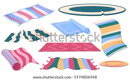 Set of carpets or rugs of different shapes, designs and colors. Floor covering, interior decor, mats with fringed edges, cozy home decoration isolated on white background, Cartoon vector illustration Royalty-Free Stock Photo #1974806948