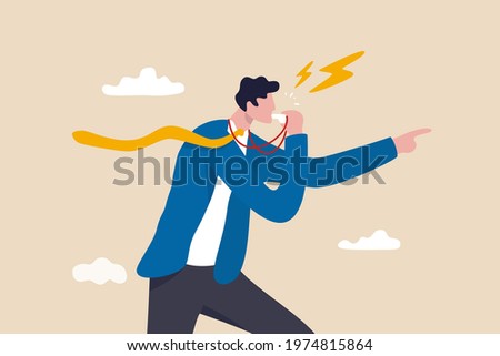 Business whistleblower the misconduct inside person to illegally disclose information to public concept, businessman blowing the whistle out load while pointing signal to tell other people. Royalty-Free Stock Photo #1974815864