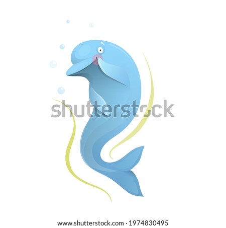 Cute romantic dolphin character design. Dreaming posing dolphin animal adorable drawing for kids. Watercolor style cartoon illustration