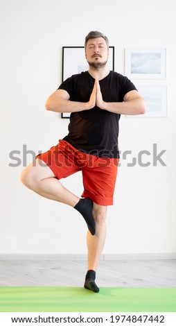 Balance yoga. Calm man. Home practice. Harmony meditation. Inspired sportive guy in casual sportswear staying tree pose holding namaste hands in light room interior.