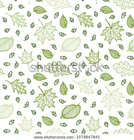Doodle leaves vector pattern. Cute seamless print for textile, paper. Nature ornament with doodle leaves. Green and white print for scrapbooking, wrapping. Leaf hand drawn seamless pattern