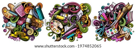 Art cartoon vector doodle designs set. Colorful detailed compositions with lot of artist objects and symbols. Isolated on white illustrations