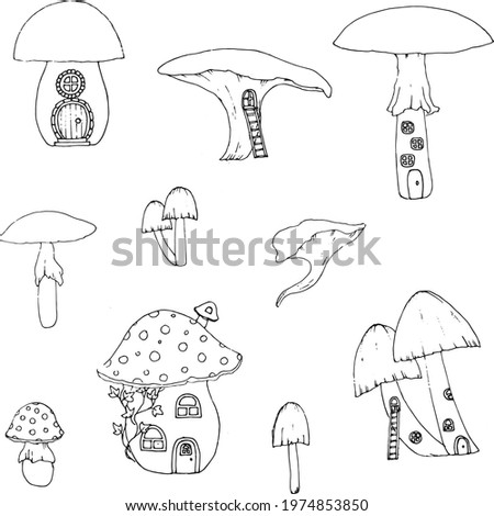 Set of fairytale houses. Collection of cartoon houses in the shape of  mushrooms. Black and white illustration of housing for fairytale characters. Hand-drawn vector illustration.