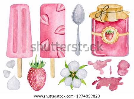 5031 Strawberry ice cream, jam set. Watercolor hand drawn isolated elements: ice cream, spoon, petals, berry, jar of jam, splash, flower.