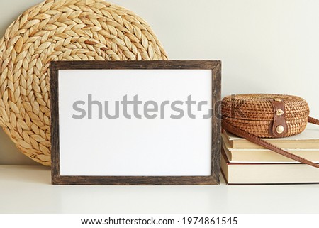 Dark wood horizontal frame mockup, framed wooden sign mock up, bohemian style interior.