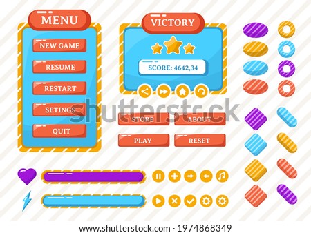 Design for Complete set of score button game pop-up, icon, window and elements for creating medieval RPG video games